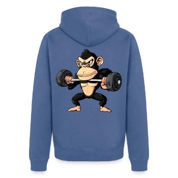 Affen Gym Fitness - Unisex Premium Bio Zip Hoodie - Taubenblau - Hinten - Nico (187cm)