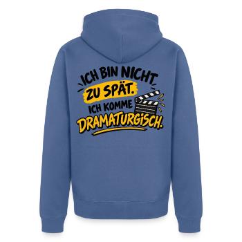 Zu spät Dramaturgisch - Unisex Premium Bio Zip Hoodie - Taubenblau - Hinten - Nico (187cm)