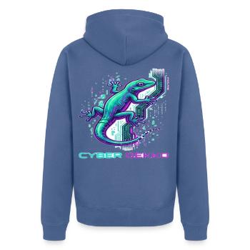 Cyber Gekko – Neon Circuit Echse - Unisex Premium Bio Zip Hoodie - Taubenblau - Hinten - Nico (187cm)