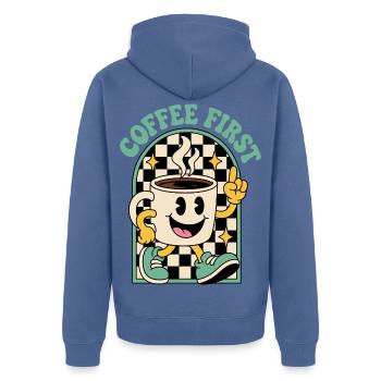 Kaffeetasse im Retrolook – Coffee First - Unisex Premium Bio Zip Hoodie - Taubenblau - Hinten - Nico (187cm)