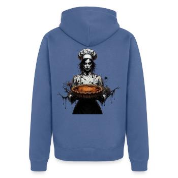Gruselige Köchin mit Kürbiskuchen - Unisex Premium Bio Zip Hoodie - Taubenblau - Hinten - Nico (187cm)