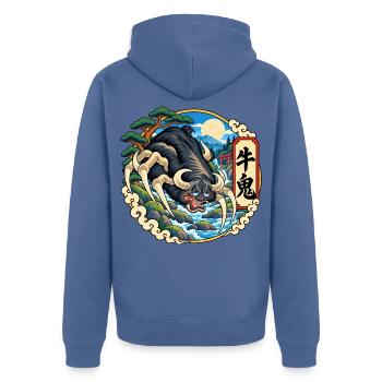 Ushi-Oni als japanischer Rinderdämon - Unisex Premium Bio Zip Hoodie - Taubenblau - Hinten - Nico (187cm)
