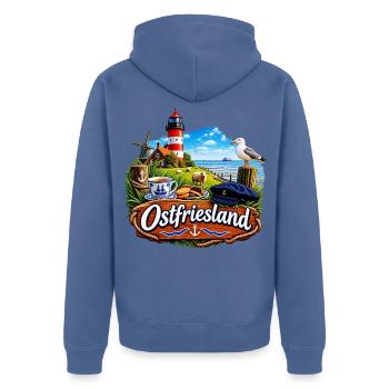 OSTFRIESLAND - Unisex Premium Bio Zip Hoodie - Taubenblau - Hinten - Nico (187cm)