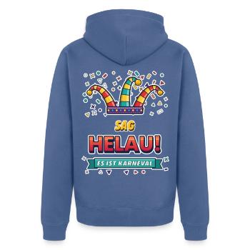 KARNEVAL NU HELAU - Unisex Premium Bio Zip Hoodie - Taubenblau - Hinten - Nico (187cm)