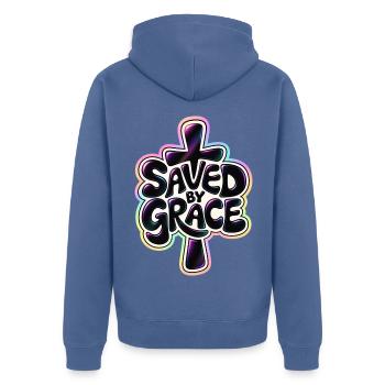Saved by Grace – Christlicher Glaube Kreuz - Unisex Premium Bio Zip Hoodie - Taubenblau - Hinten - Nico (187cm)