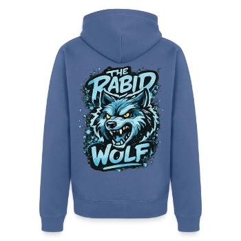 Wütender Wolf in Blau mit gelben Augen - Unisex Premium Bio Zip Hoodie - Taubenblau - Hinten - Nico (187cm)