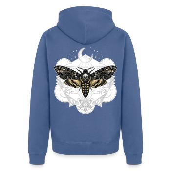 Totenkopfschwärmer mit Mond - Unisex Premium Bio Zip Hoodie - Taubenblau - Hinten - Nico (187cm)