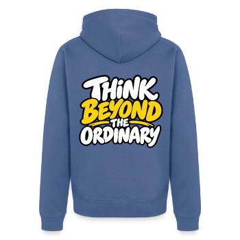 Think Beyond the Ordinary – Positives Statement  - Unisex Premium Bio Zip Hoodie - Taubenblau - Hinten - Nico (187cm)