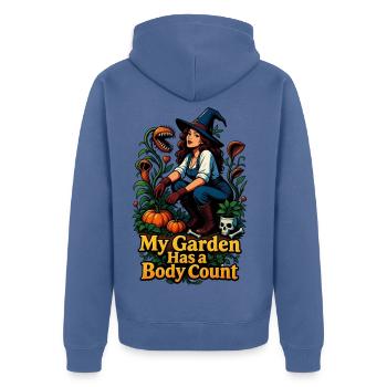 Hexengarten Body Count - Unisex Premium Bio Zip Hoodie - Taubenblau - Hinten - Nico (187cm)