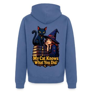 Meine Katze weiß, was du getan hast - Unisex Premium Bio Zip Hoodie - Taubenblau - Hinten - Nico (187cm)