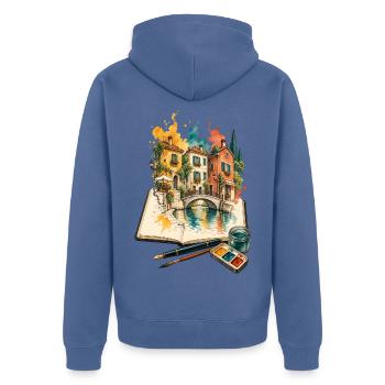 Stadtskizzen im offenen Skizzenbuch - Unisex Premium Bio Zip Hoodie - Taubenblau - Hinten - Nico (187cm)
