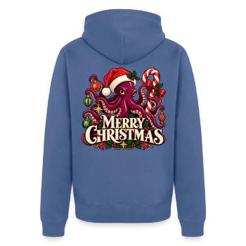 Merry Christmas Krake Oktopus Weihnachtsshirt - Unisex Premium Bio Zip Hoodie - Taubenblau - Hinten - Nico (187cm)