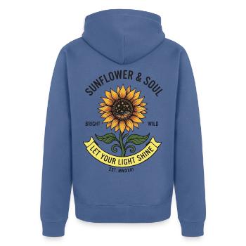 Sonnenblume Sunflower LET YOR LIGHT SHINE - Unisex Premium Bio Zip Hoodie - Taubenblau - Hinten - Nico (187cm)