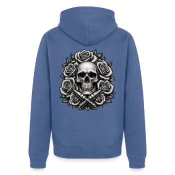 Totenkopf Rosen Zündkerzen Chicano Tattoo T-Shirt - Unisex Premium Bio Zip Hoodie - Taubenblau - Hinten - Nico (187cm)