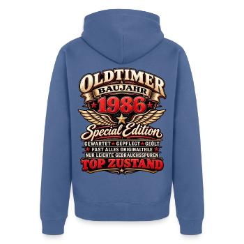 Oldtimer Baujahr 1986 – Vintage Special Edition - Unisex Premium Bio Zip Hoodie - Taubenblau - Hinten - Nico (187cm)