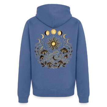 Goldene Kröte mit Pilzen und Mondphasen - Unisex Premium Bio Zip Hoodie - Taubenblau - Hinten - Nico (187cm)