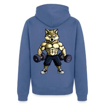 Starker Wolf / Bodybuilding - Unisex Premium Bio Zip Hoodie - Taubenblau - Hinten - Nico (187cm)