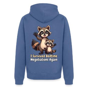 I Survived Bedtime Negotiations Again - Unisex Premium Bio Zip Hoodie - Taubenblau - Hinten - Nico (187cm)