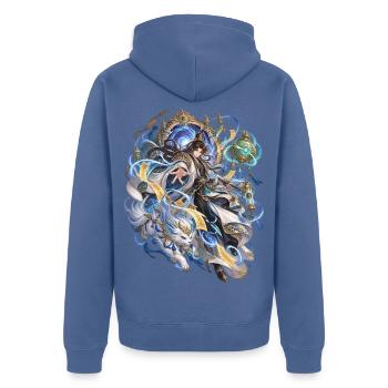 Drachenmeister und Sternenpfad - Unisex Premium Bio Zip Hoodie - Taubenblau - Hinten - Nico (187cm)