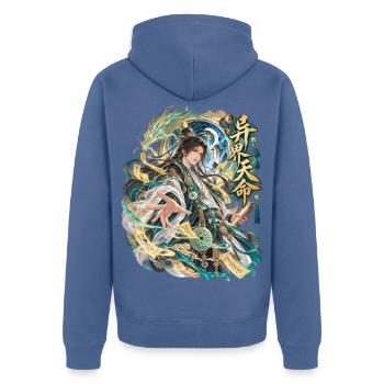 Schicksalsmeister in Jade-Robe - Unisex Premium Bio Zip Hoodie - Taubenblau - Hinten - Nico (187cm)