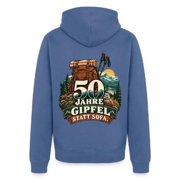 Gipfel statt Sofa – 50 Jahre Trekking - Unisex Premium Bio Zip Hoodie - Taubenblau - Hinten - Nico (187cm)