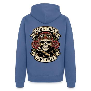 Ride Fast Live Free – Biker Badge - Unisex Premium Bio Zip Hoodie - Taubenblau - Hinten - Nico (187cm)