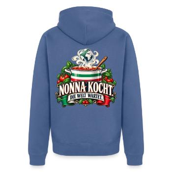 Nonna kocht. Die Welt wartet. - Unisex Premium Bio Zip Hoodie - Taubenblau - Hinten - Nico (187cm)