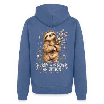 Faultierheld mit Zweigen - Unisex Premium Bio Zip Hoodie - Taubenblau - Hinten - Nico (187cm)