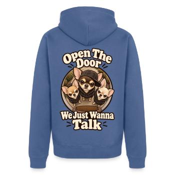 Mach die Tür auf, wir wollen nur reden – Chihuahua-Papa - Unisex Premium Bio Zip Hoodie - Taubenblau - Hinten - Nico (187cm)