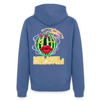 Melanie Melone – Neon Sommer Vibez - Unisex Premium Bio Zip Hoodie - Taubenblau - Hinten - Nico (187cm)