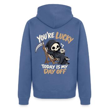 Niedlicher Sensenmann schwarzer Humor - Unisex Premium Bio Zip Hoodie - Taubenblau - Hinten - Nico (187cm)