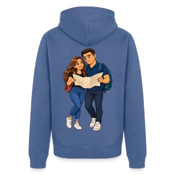 Abenteuerliches Duo mit Karte und Rucksack - Unisex Premium Bio Zip Hoodie - Taubenblau - Hinten - Nico (187cm)