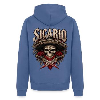 Sicario Totenkopf mit Sombrero - Unisex Premium Bio Zip Hoodie - Taubenblau - Hinten - Nico (187cm)