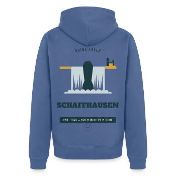 Schaffhauser Rheinfall Retro-Reiseemblem - Unisex Premium Bio Zip Hoodie - Taubenblau - Hinten - Nico (187cm)