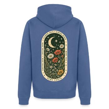 Slower Days, Kinder Minds – Mond & Wildblumen - Unisex Premium Bio Zip Hoodie - Taubenblau - Hinten - Nico (187cm)