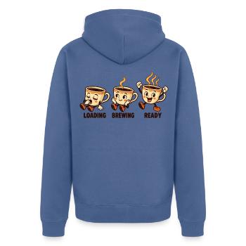 Aufbrühbereite Retro-Kaffeetassen werden geladen - Unisex Premium Bio Zip Hoodie - Taubenblau - Hinten - Nico (187cm)