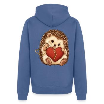 Süßer Igel repariert ein Herz mit goldenem Faden - Unisex Premium Bio Zip Hoodie - Taubenblau - Hinten - Nico (187cm)