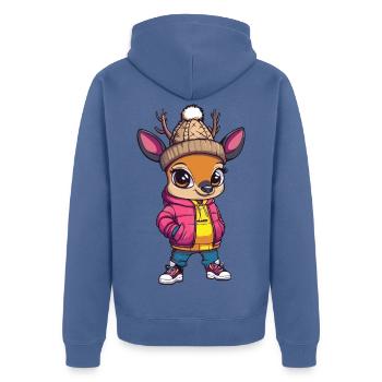 Hirsch mit pinker Winterjacke und Mütze - Unisex Premium Bio Zip Hoodie - Taubenblau - Hinten - Nico (187cm)