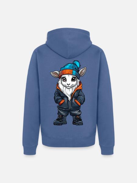 Ziege mit Winterjacke und Mütze - Unisex Premium Bio Zip Hoodie - Taubenblau