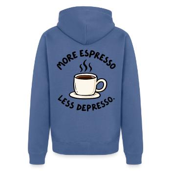 Mehr Espresso weniger Depresso – Kaffee Humor - Unisex Premium Bio Zip Hoodie - Taubenblau - Hinten - Nico (187cm)