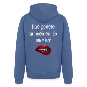 Das geilste an meinem Ex war ich - Rote Lippen - Unisex Premium Bio Zip Hoodie - Taubenblau - Hinten - Nico (187cm)