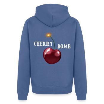 Cherry Bomb - Kirsche mit brennender Lunte - Unisex Premium Bio Zip Hoodie - Taubenblau - Hinten - Nico (187cm)