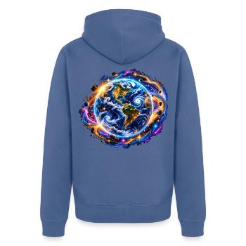 Planet Erde – Kosmische Neon Weltraum Kunst - Unisex Premium Bio Zip Hoodie - Taubenblau - Hinten - Nico (187cm)