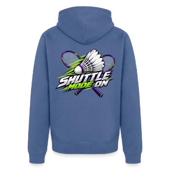 Shuttle-Modus an: Badminton - Unisex Premium Bio Zip Hoodie - Taubenblau - Hinten - Nico (187cm)