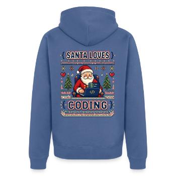 Santa Loves Coding – Pixel Ugly Sweater Look - Unisex Premium Bio Zip Hoodie - Taubenblau - Hinten - Nico (187cm)