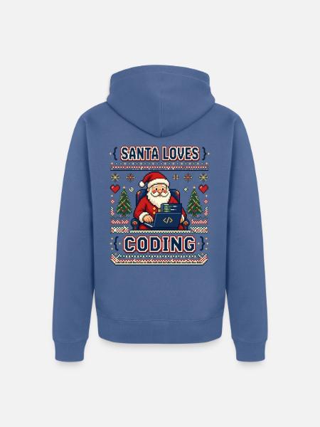 Santa Loves Coding Pixel Ugly Sweater - Unisex Premium Bio Zip Hoodie - Taubenblau