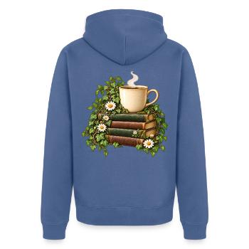Bücherduft und Kaffeetasse - Unisex Premium Bio Zip Hoodie - Taubenblau - Hinten - Nico (187cm)