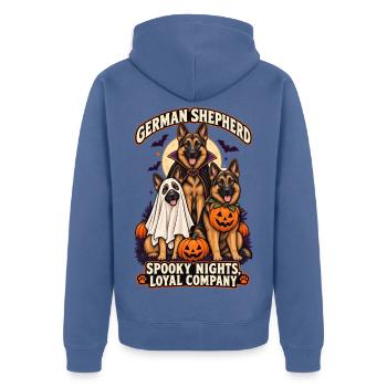Spooky Nights Loyal Company – Deutscher Schäferhund - Unisex Premium Bio Zip Hoodie - Taubenblau - Hinten - Nico (187cm)