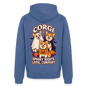 Spooky Nights Loyale Gesellschaft – Corgi Halloween Hund - Unisex Premium Bio Zip Hoodie - Taubenblau - Hinten - Nico (187cm)