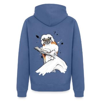 Lemur auf Ast  - Unisex Premium Bio Zip Hoodie - Taubenblau - Hinten - Nico (187cm)